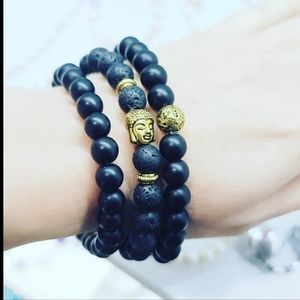 Stack of 3 bracelets /Matte Agate, Lava Stone, Buddha charm